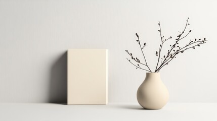 Minimalist scene with a blank book and a beige vase holding branches, set against a neutral background.