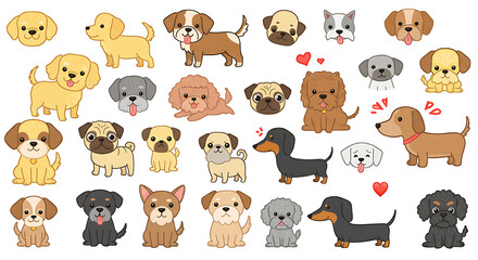 Obraz premium Adorable illustrated collection of diverse and playful cartoon dogs and puppies for design