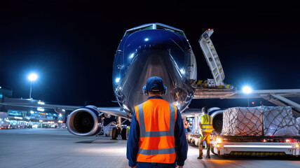 Airport worker supervising airplane loading at night