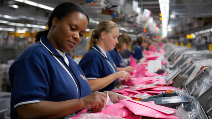 Postal workers processing pink envelopes in distribution center