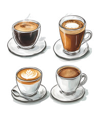 Realistic and artistic illustrations of coffee beans, brewing equipment, coffee cups, baristas, coffee farms, roasting processes, and café scenes
