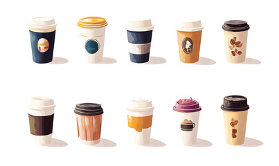 Realistic and artistic illustrations of coffee beans, brewing equipment, coffee cups, baristas, coffee farms, roasting processes, and café scenes