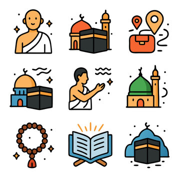 Hajj and umrah icons symbolize Islamic pilgrimage, ideal for religious designs, educational materials, websites, and social media content.