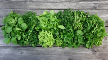 Fresh assorted green herbs neatly arranged on rustic wooden boards.