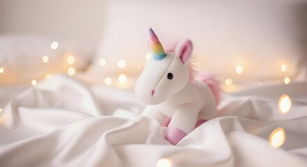 Soft White Unicorn Sitting on Silky Fabric with Bokeh Lights