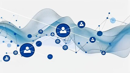 Abstract digital illustration of interconnected networks with user icons and flowing waves in background - Powered by Adobe