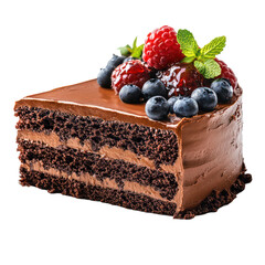 Chocolate cake slice with berries isolated on transparent background