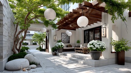 Asian style outdoor seating with lush green plants high resolution image