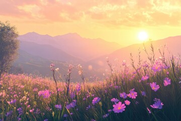 Majestic sunrise over blossoming meadow and mountains