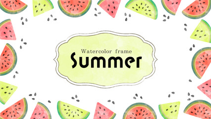 Summer frame-2　スイカ柄の可愛いフレーム。夏っぽい水彩で描いたフルーツの背景。ウォーターカラーの装飾。