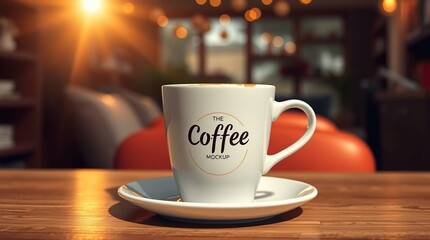 Fototapeta premium A white coffee mug with a splash of coffee on the rim sits on a wooden table, in a cafe setting, with a blurred background of warm lighting and interior