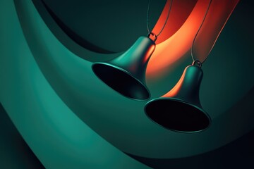 Elegant christmas bells hanging on vibrant red and green wall with dramatic shadows