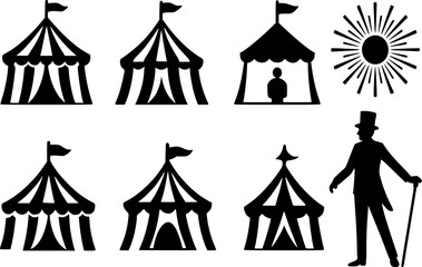 Black and White Circus Tent Icons Set