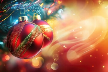 Festive christmas ornament display with glittery baubles and warm holiday lights