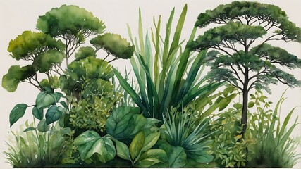 Fototapeta premium Lush Green Foliage Watercolor Painting A Vibrant Display of Tropical and Temperate Plants