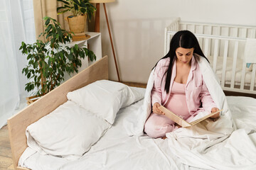 Beautiful pregnant woman enjoys relaxing moments while reading in a cozy bedroom setting