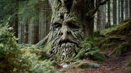 Ancient tree face in forest