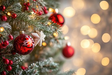 Festive christmas tree with lights and pinecones in winter wonderland