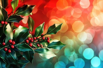 Festive holly berries and leaves on red background with holiday lights