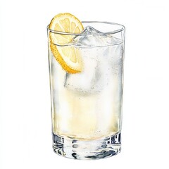 Gin fizz cocktail with ice cubes and lemon slice in a highball glass. Watercolor illustration isolated on white background. Alcoholic drink with citrus and soda.