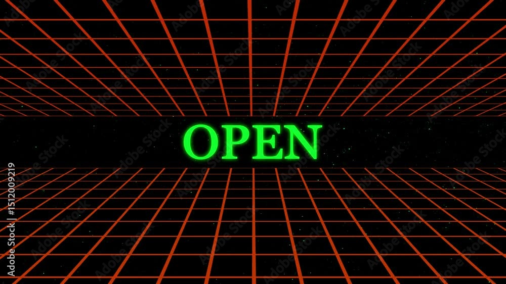 Aufkleber neon open sign in a retro grid perspective on a dark background with cosmic starfield effect ideal f