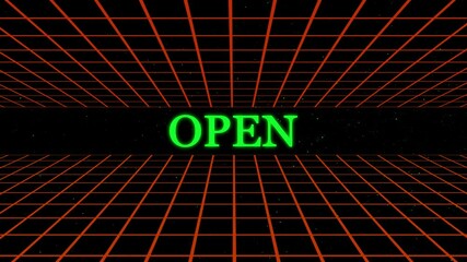 Neon open sign in a retro grid perspective on a dark background with cosmic starfield effect ideal for futuristic business concepts. - Powered by Adobe