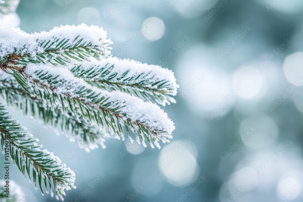Poster frosted pine cone on snowy christmas tree branch with warm bokeh lights