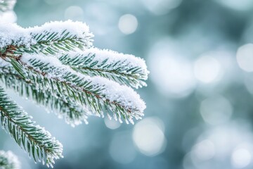 Frosted pine cone on snowy christmas tree branch with warm bokeh lights