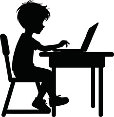Silhouette of child sitting at desk with laptop – online class vector isolated on a white background
