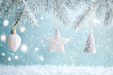 Elegant winter wonderland: snowy christmas ornaments in serene blue background