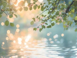 Sunlight filters through leaves above a tranquil water surface at dawn creating a peaceful natural setting
