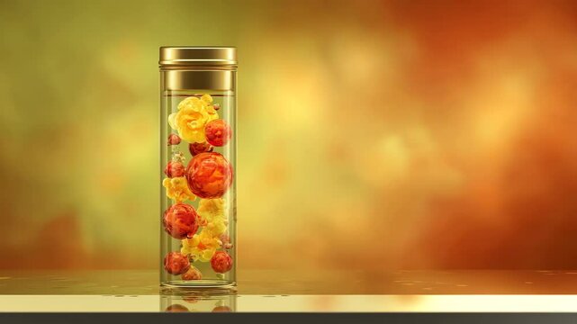 Smart skincare serum motion with smart skincare serum capsule diffusion and smart skincare serum vitamin flow in golden glow animation