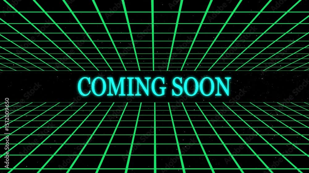 Poster retro futuristic coming soon announcement with a glowing text overlay on a grid backdrop for digital