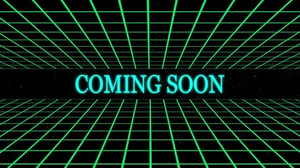 Retro futuristic coming soon announcement with a glowing text overlay on a grid backdrop for digital media promotions