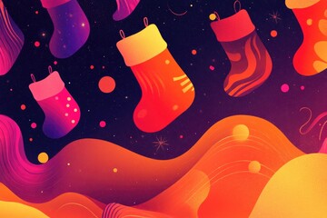 Colorful abstract christmas stockings against a starry background