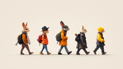 Obraz premium Five stylishly dressed anthropomorphic rabbits walk in a line, each wearing unique clothing and accessories against a plain background.