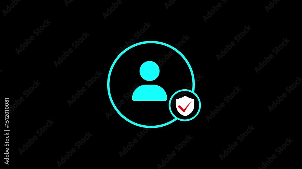 Poster animated user profile icon secure shield with checkmark on black background illustrating account sec