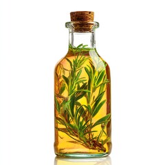 Infused rosemary oil bottle isolated on white background for cooking and aromatherapy use at home kitchen