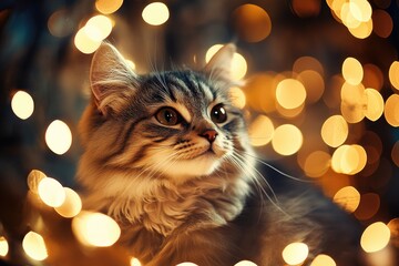 Whimsical cat amidst glowing bokeh lights captures holiday magic