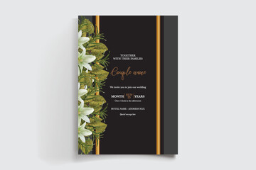 WEDDING INVITATION FRAME WITH FLOWER DECORATIONS AND FRESH LEAVES