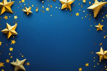 Golden stars on blue background: festive holiday decoration with sparkling glitter