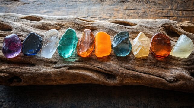 Colorful gemstones arranged on a driftwood surface.