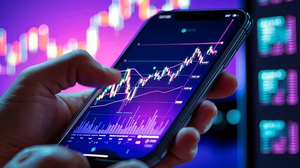 Hand Holding Smartphone with Stock Market Chart and Data Screens in Background - Powered by Adobe