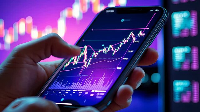 Hand Holding Smartphone with Stock Market Chart and Data Screens in Background