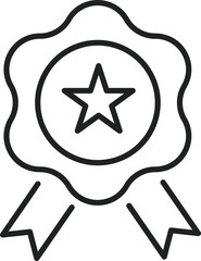 Simple black line art shows a star inside a badge with ribbons hanging down, representing achievement and quality awards.