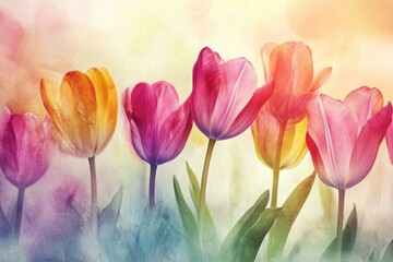 Colorful tulips in soft pastel watercolor light creating a vibrant spring atmosphere