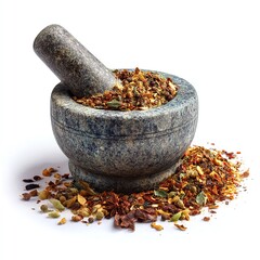 Mortar and pestle grinding spices herbs for cooking food preparation culinary ingredients seasoning blend