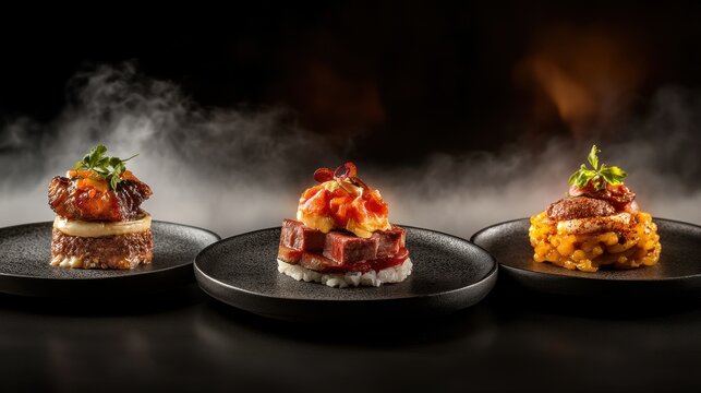 Three gourmet appetizers are elegantly plated on black dishes, surrounded by dramatic smoke, highlighting a sophisticated culinary presentation.