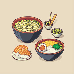 Sushi and Noodles Platter, Asian Restaurant, Food Illustration, Cozy Setting, Artistic View