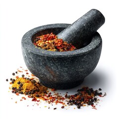 Mortar and pestle with spices cooking ingredients culinary herbs seasoning food preparation kitchenware